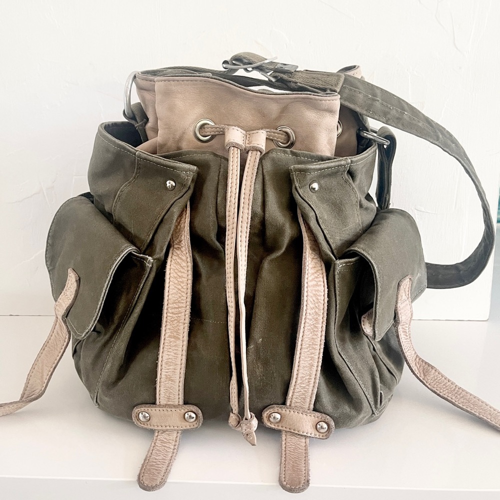 RARE Tylie Malibu Canvas and Leather Bucket Bag in army green and light tan.